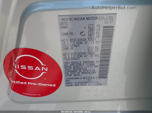 5N1DR2MNXJC625462 2018 NISSAN PATHFINDER Silver ძრავის განყოფილების ხედი