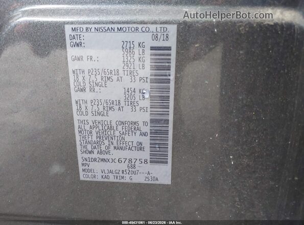 5N1DR2MNXJC678758 2018 NISSAN PATHFINDER Pewter Widok komory silnika