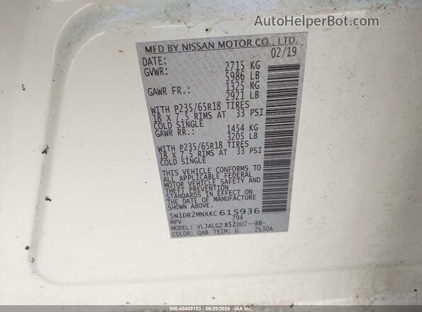 5N1DR2MNXKC615936 2019 NISSAN PATHFINDER White Engine compartment view