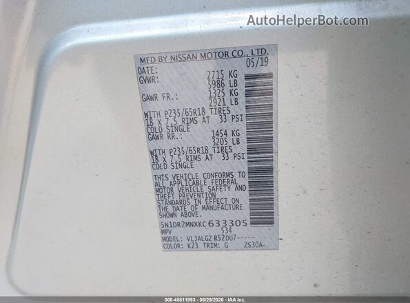 5N1DR2MNXKC633305 2019 NISSAN PATHFINDER Silver Widok komory silnika