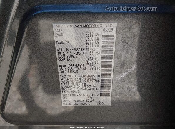 5N1DR2MNXKC637192 2019 NISSAN PATHFINDER Gray Vista del compartimento del motor