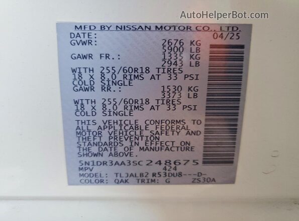 5N1DR3AA3SC248675 2025 NISSAN PATHFINDER White Вид наклейки з VIN-кодом