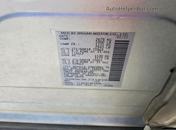 5N1DR3AC3NC235950 2022 NISSAN PATHFINDER Silver Вид наклейки з VIN-кодом