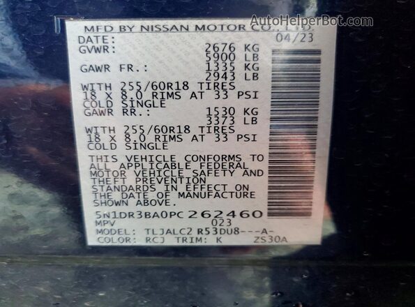 5N1DR3BA0PC262460 2023 NISSAN PATHFINDER Синий Вид наклейки с VIN-кодом