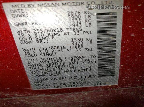 5N1DR3BC9PC223187 2023 NISSAN PATHFINDER Maroon VIN կոդի պիտակի տեսք