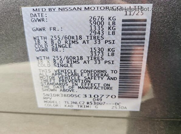 5N1DR3BD0SC310770 2025 NISSAN PATHFINDER Gray VIN კოდის სტიკერის ხედი