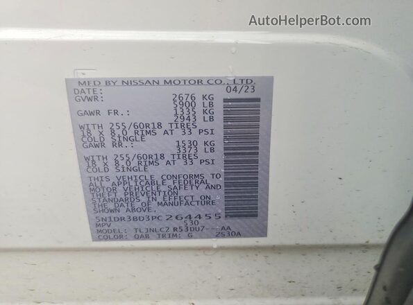 5N1DR3BD3PC264455 2023 NISSAN PATHFINDER White VIN կոդի պիտակի տեսք