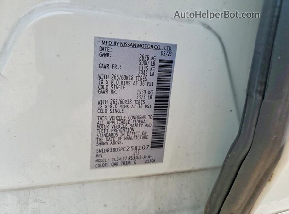 5N1DR3BD5PC258107 2023 NISSAN PATHFINDER White VIN sticker view