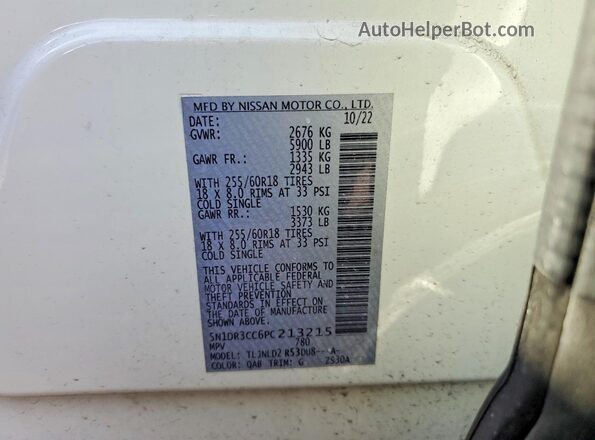 5N1DR3CC6PC213215 2023 NISSAN PATHFINDER White VIN կոդի պիտակի տեսք