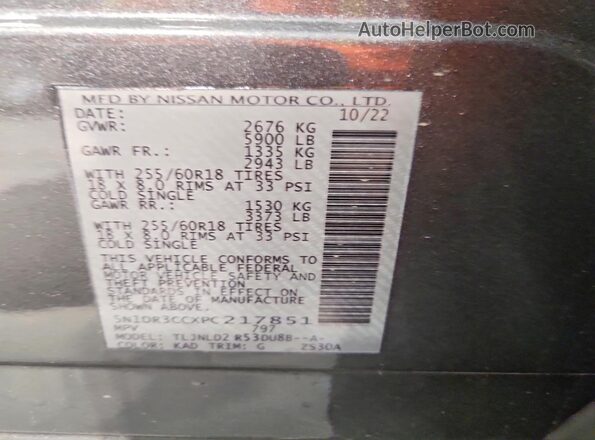 5N1DR3CCXPC217851 2023 NISSAN PATHFINDER Gray VIN კოდის სტიკერის ხედი