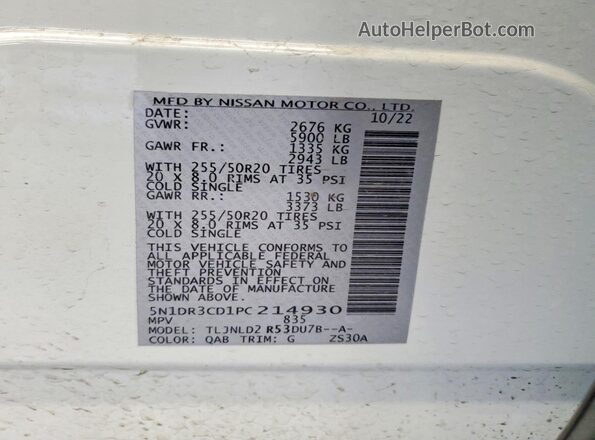 5N1DR3CD1PC214930 2023 NISSAN PATHFINDER White Widok wnętrza 360 stopni
