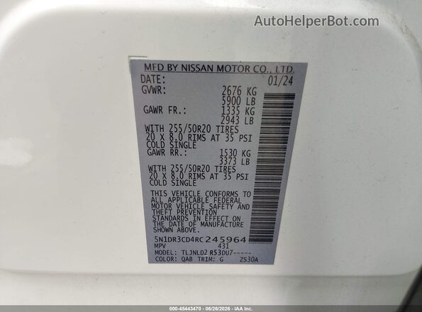 5N1DR3CD4RC245964 2024 NISSAN PATHFINDER White Vista del compartimento del motor