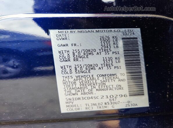 5N1DR3CD4SC210296 2025 NISSAN PATHFINDER Blue Vista de la etiqueta del VIN