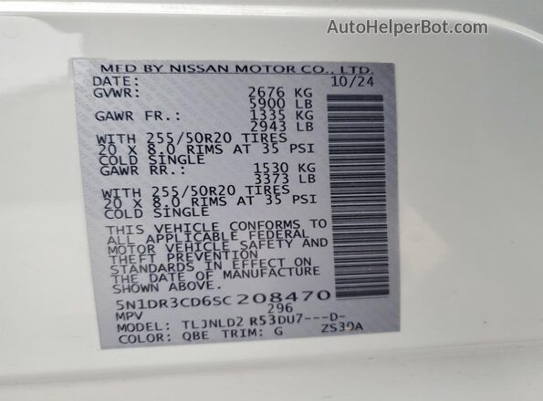 5N1DR3CD6SC208470 2025 NISSAN PATHFINDER White Vista de la etiqueta del VIN