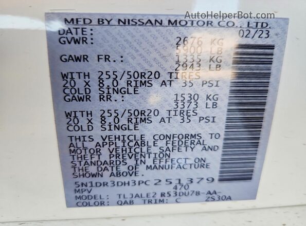 5N1DR3DH3PC251379 2023 NISSAN PATHFINDER White ძრავის განყოფილების ხედი