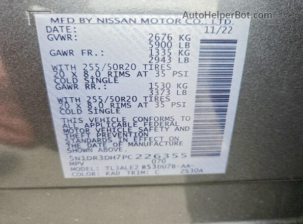 5N1DR3DH7PC226355 2023 NISSAN PATHFINDER Gray Vista interior de 360 grados