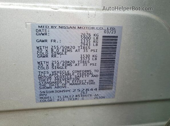 5N1DR3DH9PC252844 2023 NISSAN PATHFINDER Silver Vista de la etiqueta del VIN