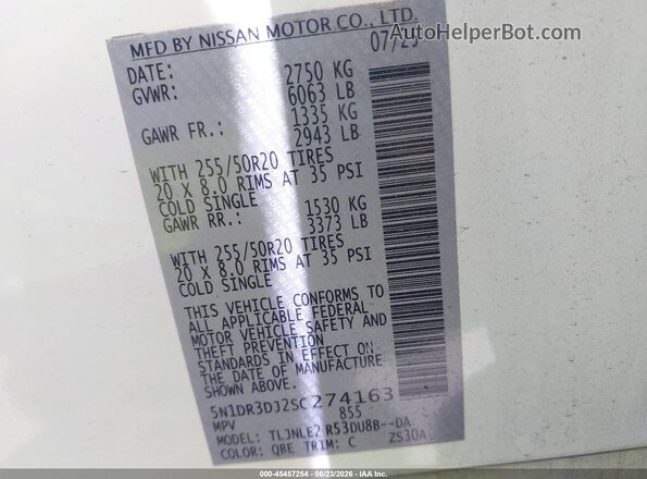 5N1DR3DJ2SC274163 2025 NISSAN PATHFINDER White Vista del compartimento del motor