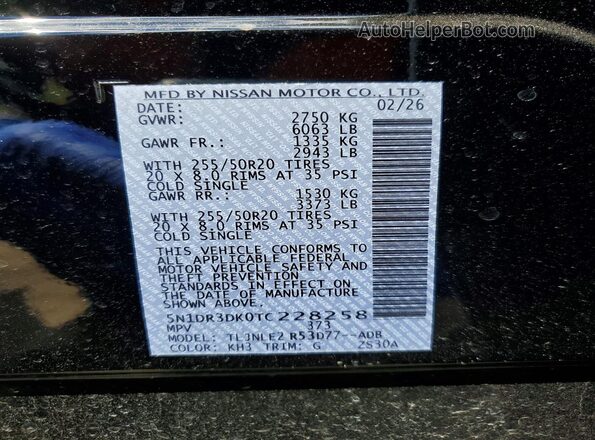 5N1DR3DK0TC228258 2026 NISSAN PATHFINDER Black Widok naklejki z numerem VIN