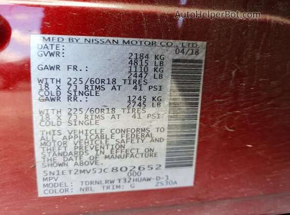 5N1ET2MV5JC802652 2018 NISSAN ROGUE Burgundy 