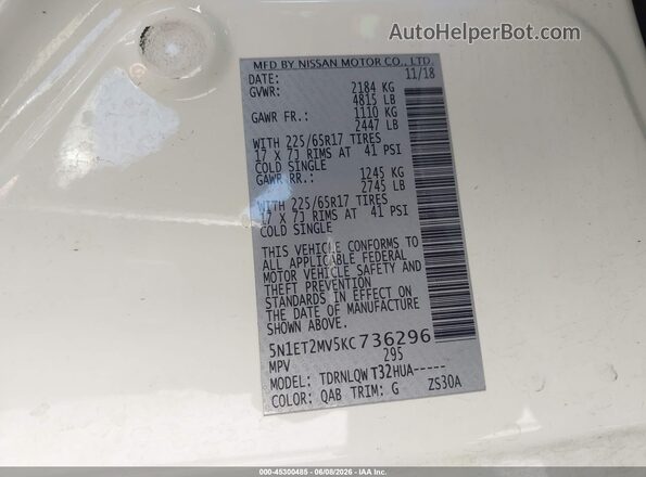 5N1ET2MV5KC736296 2019 NISSAN ROGUE HYBRID White Շարժիչի բաժամունքի տեսք