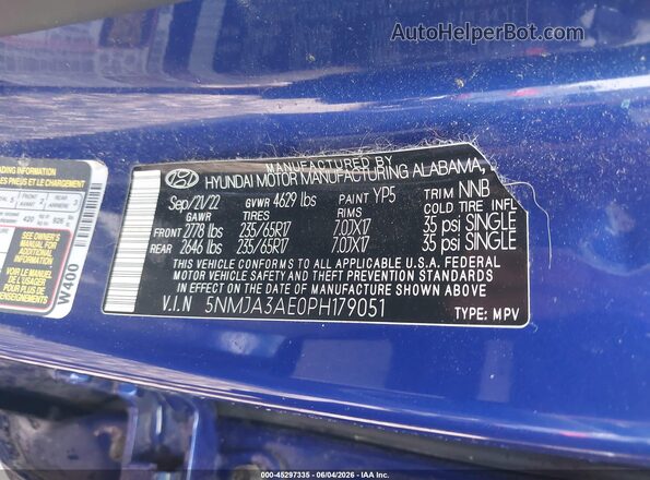 5NMJA3AE0PH179051 2023 HYUNDAI TUCSON Синий Вид подкапотного пространства