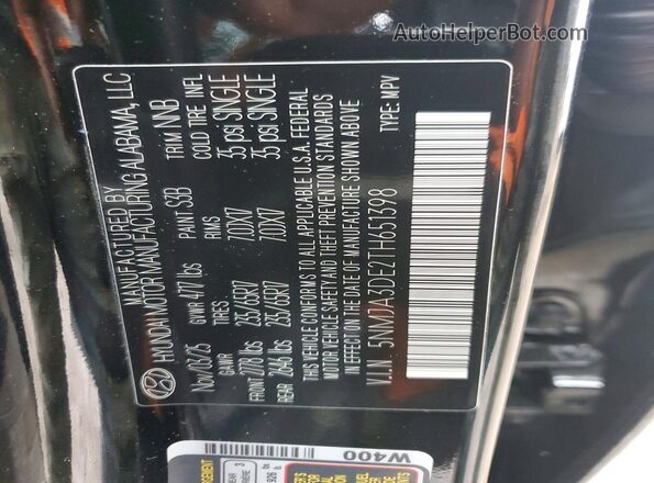 5NMJA3DE2TH651398 2026 HYUNDAI TUCSON Black VIN კოდის სტიკერის ხედი