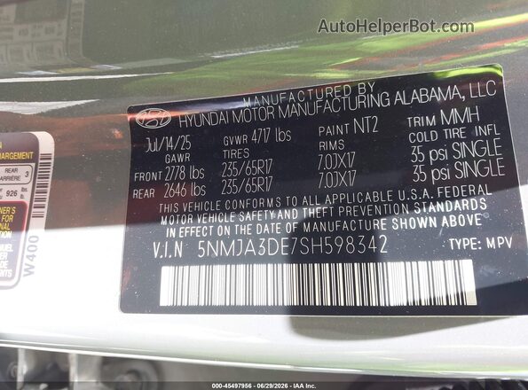 5NMJA3DE7SH598342 2025 HYUNDAI TUCSON Gray Widok komory silnika