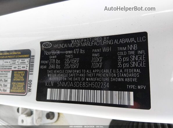 5NMJA3DE8SH502234 2025 HYUNDAI TUCSON White ძრავის განყოფილების ხედი