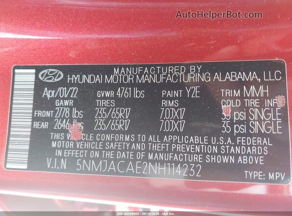 5NMJACAE2NH114232 2022 HYUNDAI TUCSON Red Widok komory silnika