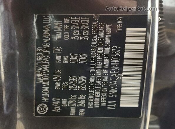 5NMJACAE6NH015879 2022 HYUNDAI TUCSON Gray VIN sticker view