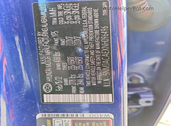 5NMJACAEXNH096496 2022 HYUNDAI TUCSON Blue Вид наклейки з VIN-кодом