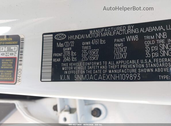 5NMJACAEXNH109893 2022 HYUNDAI TUCSON White Vista del compartimento del motor