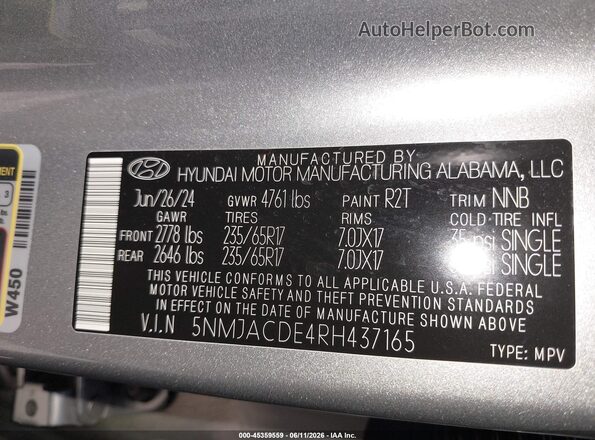 5NMJACDE4RH437165 2024 HYUNDAI TUCSON Silver Widok komory silnika