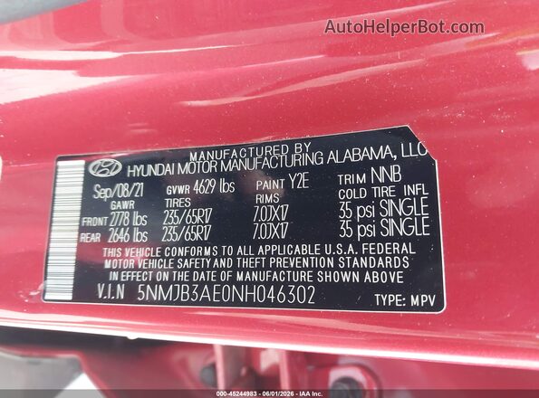5NMJB3AE0NH046302 2022 HYUNDAI TUCSON Red 