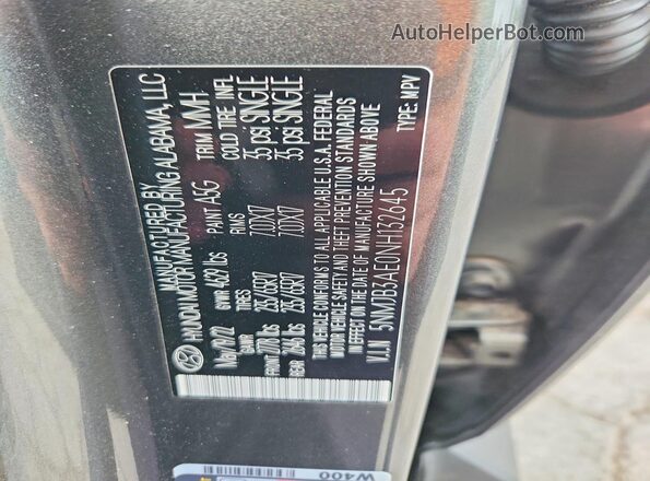 5NMJB3AE0NH132645 2022 HYUNDAI TUCSON Gray Widok naklejki z numerem VIN