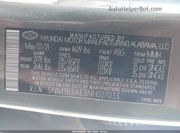5NMJB3AE3NH027033 2022 HYUNDAI TUCSON Серый Вид подкапотного пространства