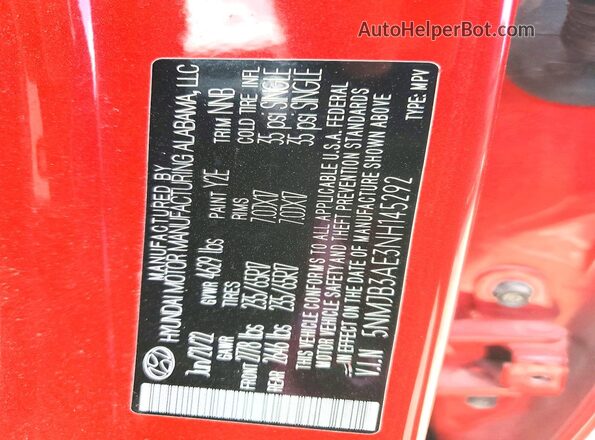 5NMJB3AE3NH145292 2022 HYUNDAI TUCSON Red Vista de la etiqueta del VIN