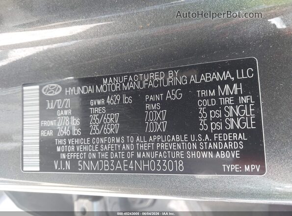 5NMJB3AE4NH033018 2022 HYUNDAI TUCSON Gray Вид підкапотного простору