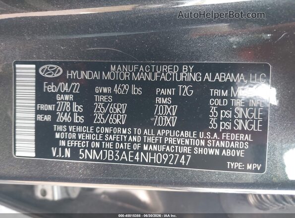5NMJB3AE4NH092747 2022 HYUNDAI TUCSON Black Vista del compartimento del motor