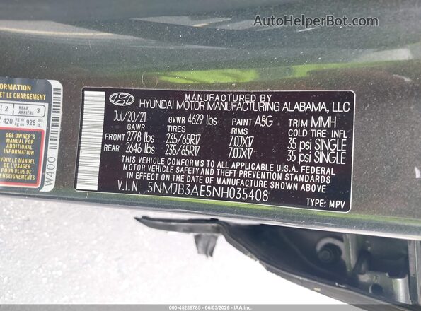 5NMJB3AE5NH035408 2022 HYUNDAI TUCSON Gray Вид підкапотного простору