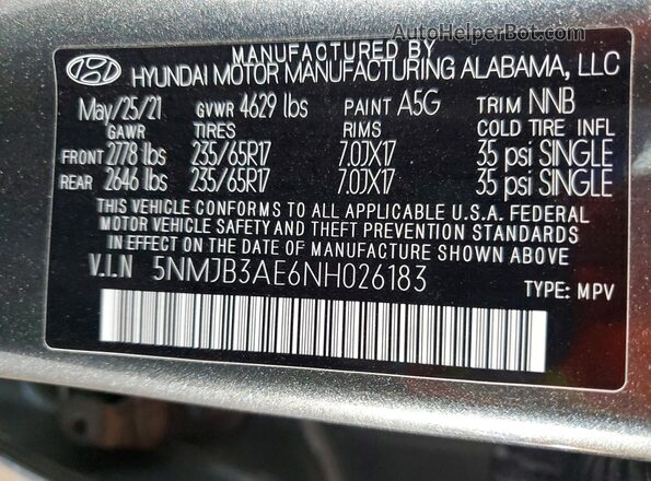 5NMJB3AE6NH026183 2022 HYUNDAI TUCSON Gray Вид підкапотного простору