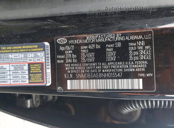5NMJB3AE8NH013547 2022 HYUNDAI TUCSON Black Vista del compartimento del motor