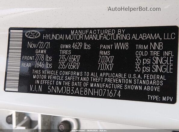 5NMJB3AE8NH071674 2022 HYUNDAI TUCSON White 