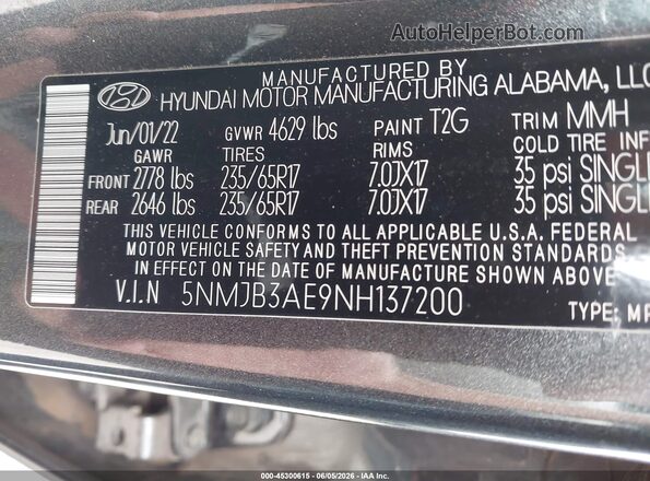 5NMJB3AE9NH137200 2022 HYUNDAI TUCSON Gray Engine compartment view