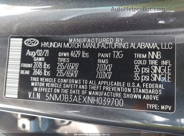 5NMJB3AEXNH039700 2022 HYUNDAI TUCSON Gray Շարժիչի բաժամունքի տեսք