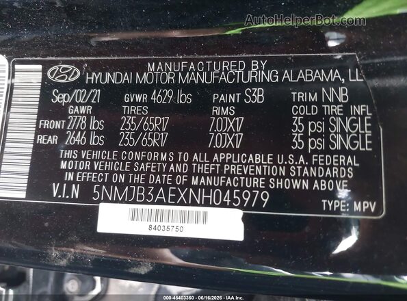 5NMJB3AEXNH045979 2022 HYUNDAI TUCSON Black Engine compartment view