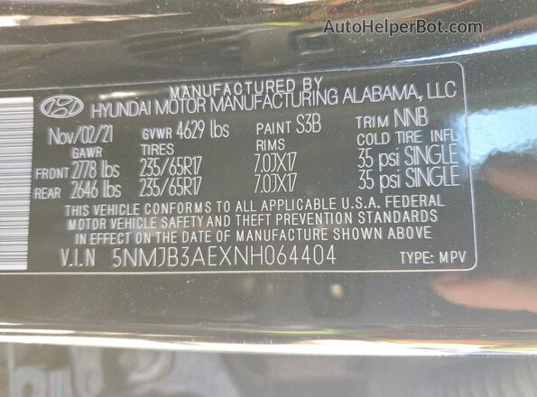 5NMJB3AEXNH064404 2022 HYUNDAI TUCSON Black Շարժիչի բաժամունքի տեսք
