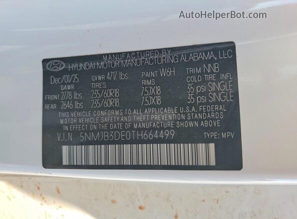 5NMJB3DE0TH664499 2026 HYUNDAI TUCSON White Вид наклейки з VIN-кодом