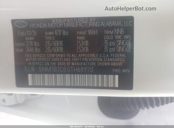 5NMJB3DE0TH689113 2026 HYUNDAI TUCSON White Vista del compartimento del motor